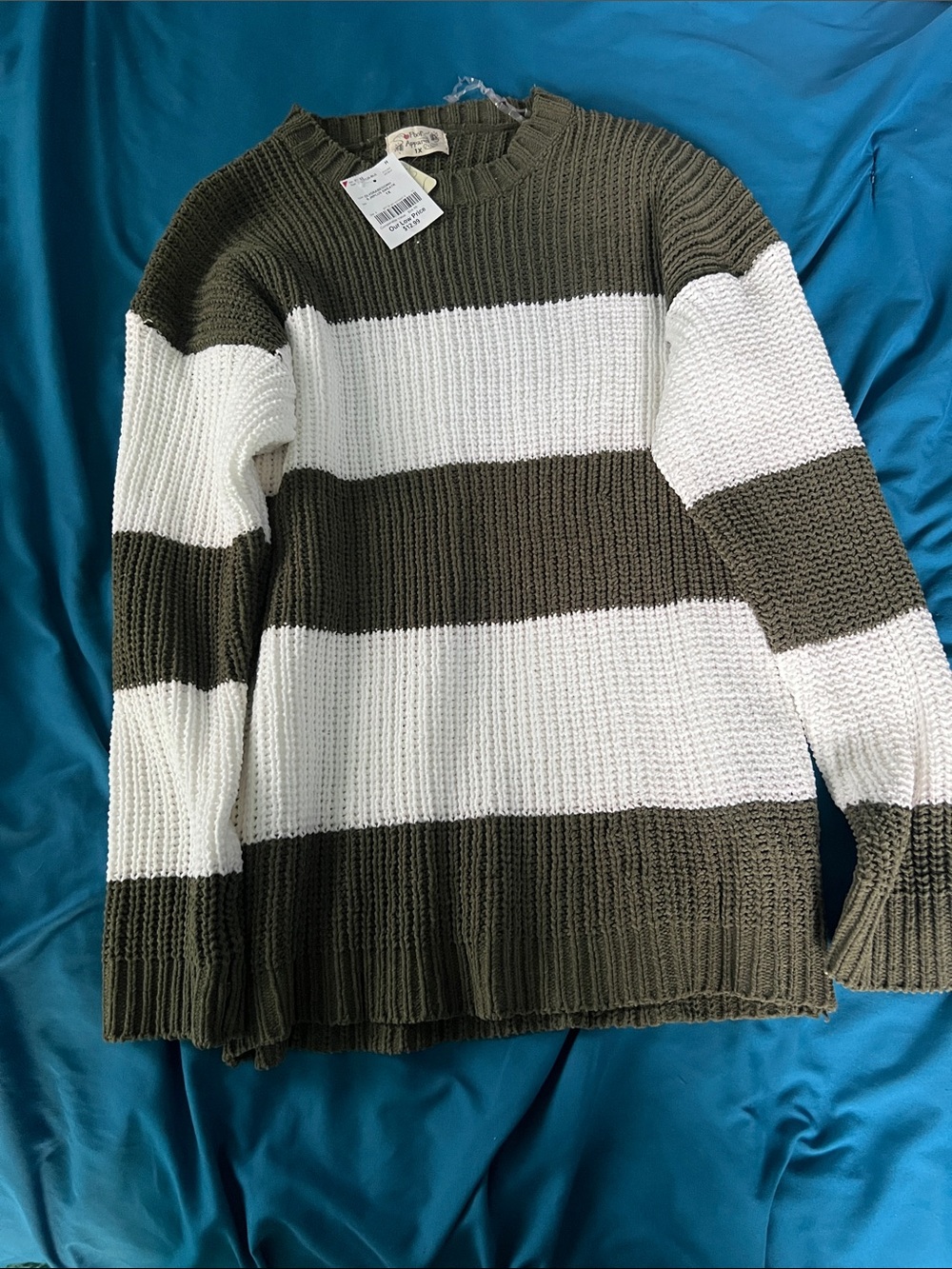 Women’s Olive Green and White Striped Knit Sweater 1X